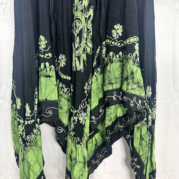 Halter Dress Womens Black Green Smocked Boho Gypsy Asymmetric Maxi Size Med - Picture 2 of 9